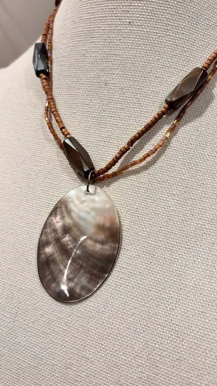 Lia Sophia Harvest Moon Abalone Shell Pendant Beaded Necklace